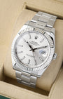 Angled collector view of a 41mm White Rolesor Rolex Datejust ref 126334 highlighting the polished steel case silhouette and matching three-link Oyster bracelet