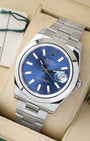 angled profile view of a pre-owned 2016 Rolex Datejust II reference 116300 showcasing the oversized blue index dial and steel Oyster bracelet