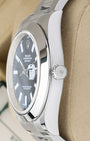 stainless steel 41mm case profile view showcasing the smooth bezel edge and Twinlock winding crown on a Rolex Datejust II