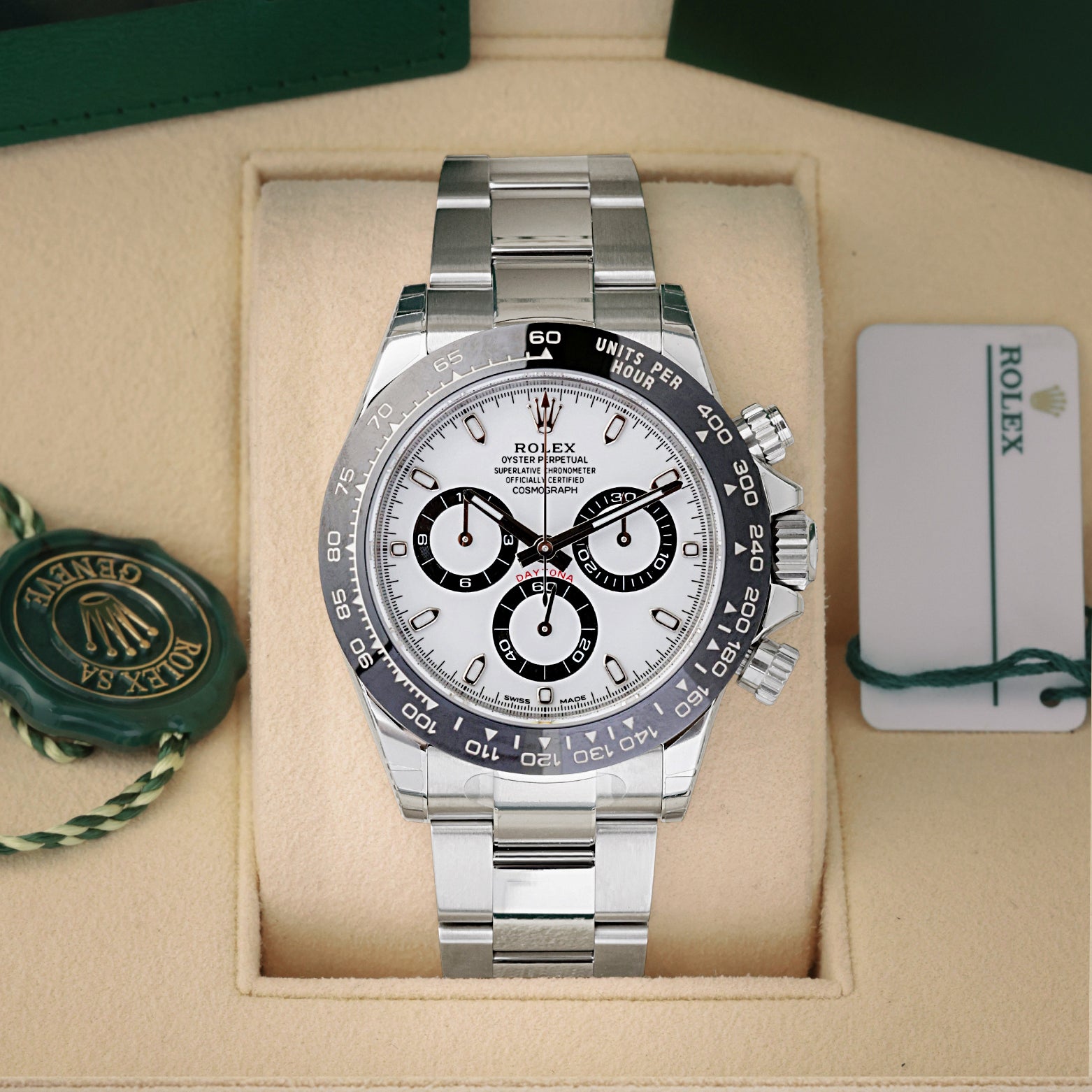 Pre owned 2022 Rolex Cosmograph Daytona Panda 116500LN white dial watch at Noah's Fine Watches & Jewelry in Dallas, TX