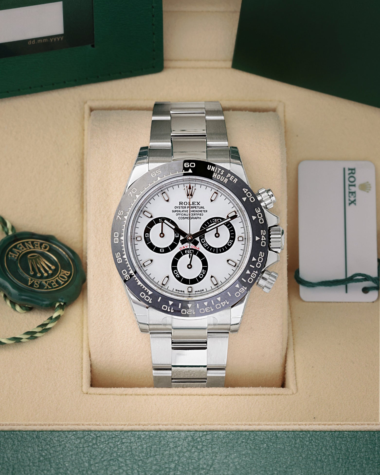 Pre owned 2022 Rolex Cosmograph Daytona Panda 116500LN white dial watch at Noah's Fine Watches & Jewelry in Dallas, TX