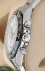 Side view close-up of the screw-down Triplock crown and chronograph pushers on a Rolex Daytona Panda 116500LN