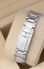 Rear view of the stainless steel Oyster bracelet showing the folding Oysterlock safety clasp with the embossed Rolex crown coronet logo