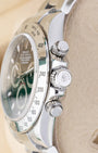 stainless steel case profile view showcasing the screw-down chronograph pushers and Triplock winding crown on a 2007 Rolex Daytona