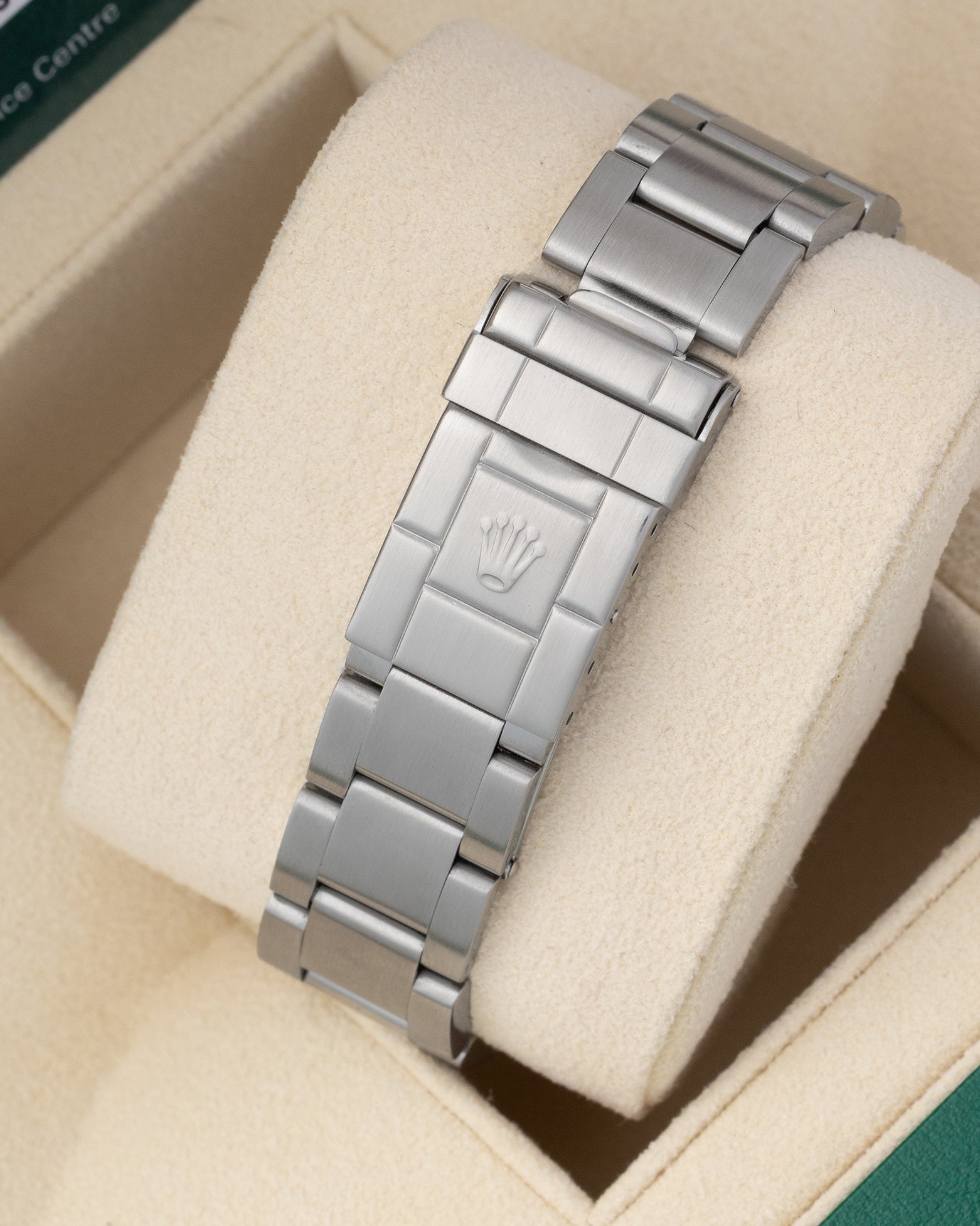 Back view showing the stainless steel Oysterlock clasp and bracelet on a 2007 Rolex Explorer 114270