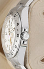 Close-up view of the screw-down Twinlock crown and shoulder guards on a Rolex Explorer II 42mm