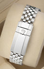 Rear perspective of the brushed and polished steel Jubilee bracelet secured by the folding Oysterlock safety clasp with an Easylink comfort extension