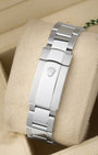 Rear view of the brushed and polished steel Oyster bracelet secured by the modern folding Oysterclasp featuring the iconic stamped crown coronet