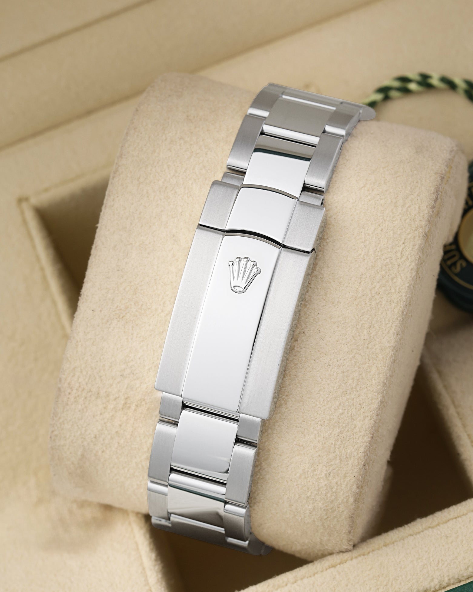 Rear view of the brushed and polished steel Oyster bracelet secured by the modern folding Oysterclasp featuring the iconic stamped crown coronet