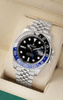 Angled view of Rolex GMT-Master II 126710BLNR showing the blue and black Cerachrom bezel and black dial