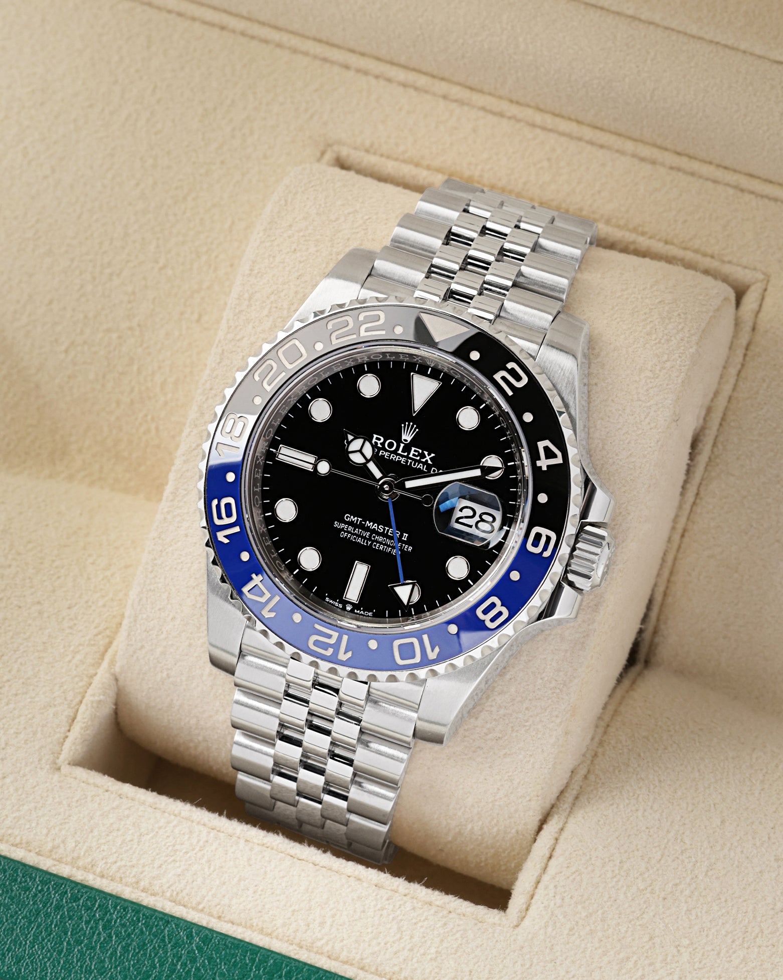 Angled view of Rolex GMT-Master II 126710BLNR showing the blue and black Cerachrom bezel and black dial