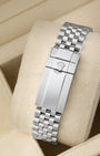 Rear view of the stainless steel Jubilee bracelet showing the folding Oysterlock safety clasp with the embossed Rolex crown coronet logo