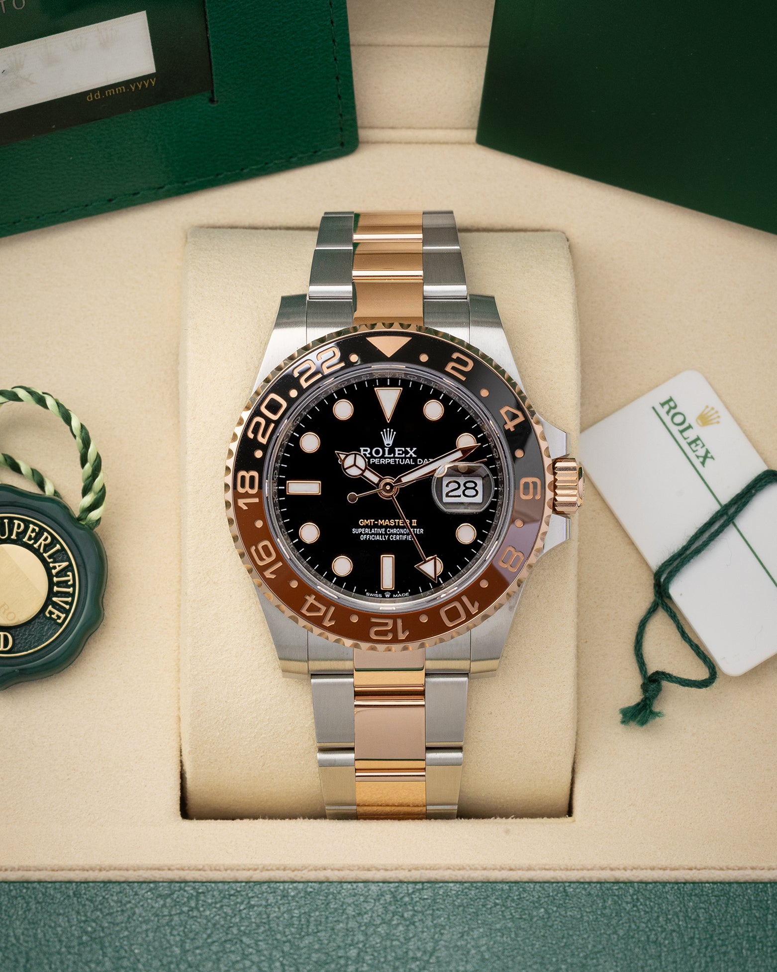 Preowned 2026 Rolex GMT-Master II 126711CHNR Root Beer in two-tone Everose gold and steel with box and papers at Noah's Fine Watches & Jewelry in Dallas, Texas