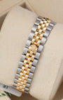 Back view showing the two-tone yellow gold and stainless steel Jubilee bracelet with concealed folding Crownclasp on a 2022 Rolex Lady-Datejust 28mm