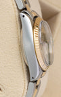Side profile view of the stainless steel case and acrylic crystal on a 1981 Rolex Lady-Datejust reference 6916.