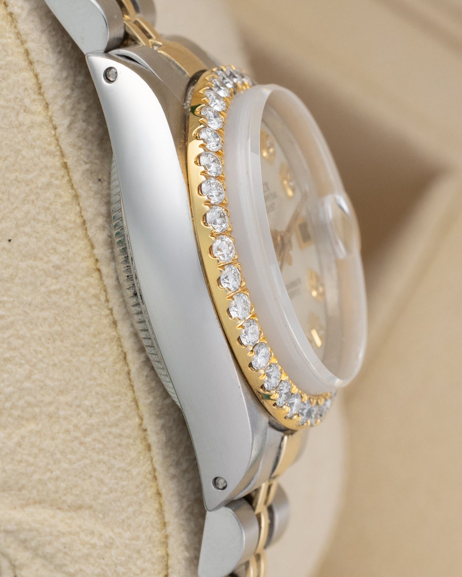 Left side profile view showing the stainless steel case with visible lug holes on a 1979 Rolex Lady-Datejust reference 6917.