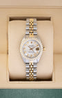 1979 vintage Rolex Lady-Datejust reference 6917 in two-tone stainless steel and yellow gold, featuring a mother of pearl diamond dial and custom diamond bezel inside presentation box.