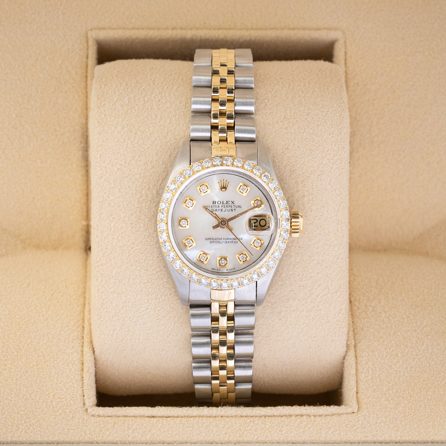 1979 vintage Rolex Lady-Datejust reference 6917 in two-tone stainless steel and yellow gold, featuring a mother of pearl diamond dial and custom diamond bezel inside presentation box.