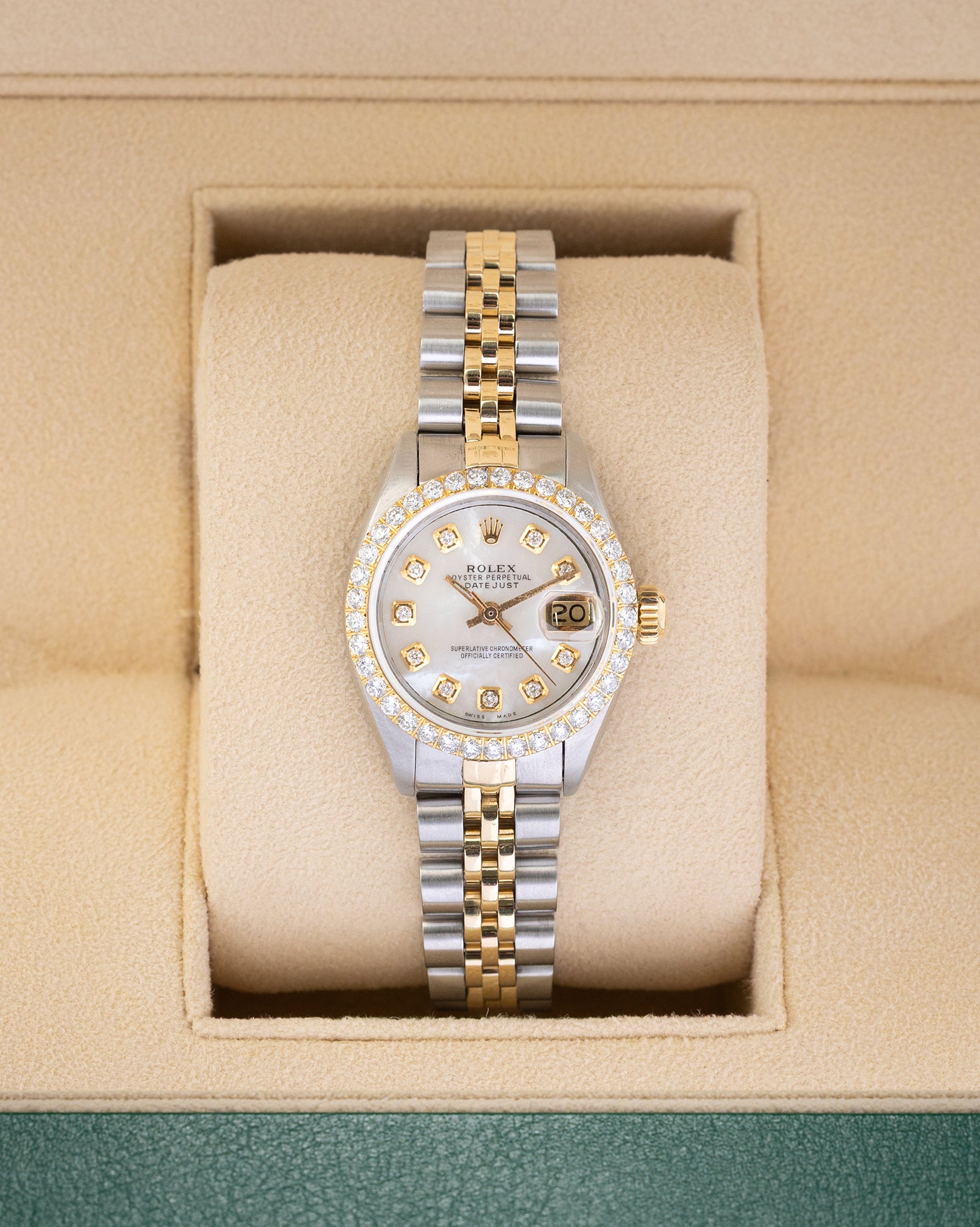 1979 vintage Rolex Lady-Datejust reference 6917 in two-tone stainless steel and yellow gold, featuring a mother of pearl diamond dial and custom diamond bezel inside presentation box.