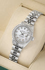 angled profile view of a vintage stainless steel Rolex Lady-Datejust 6917 showcasing custom diamond hour markers and a brilliant cut diamond bezel