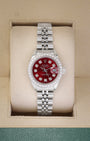 Vintage Rolex Lady-Datejust 6917 with a custom ruby red vignette diamond dial and diamond bezel in a Rolex box
