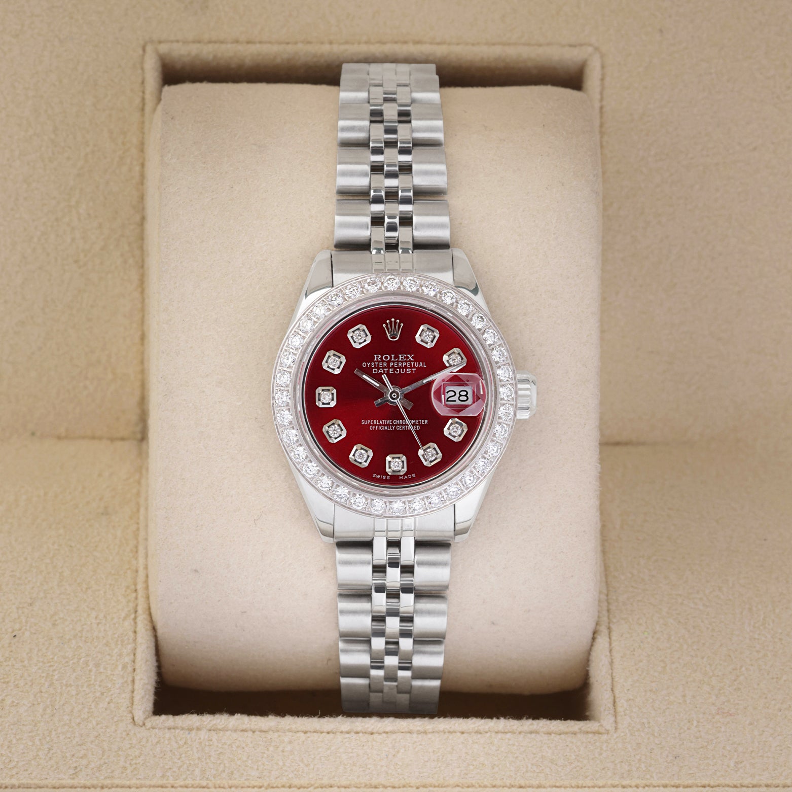Vintage Rolex Lady-Datejust 6917 with a custom ruby red vignette diamond dial and diamond bezel in a Rolex box