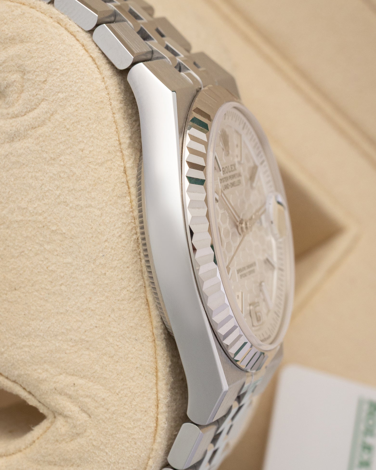 Left-side macro profile view showcasing the fine satin-brushed caseband finish and the continuous, smooth integrated lug design character exclusive to the Land-Dweller collection