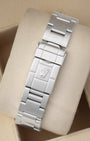 Rear studio view of the stainless steel Rolex Oyster watch bracelet highlighting the folding Oysterlock safety clasp with embossed coronet