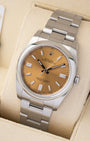 Angled view of pre-owned Rolex Oyster Perpetual 36mm reference 116000 featuring a white grape dial and smooth steel bezel