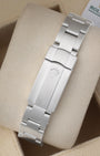 Rear view of the brushed stainless steel three-link Oyster bracelet highlighting the folding Oysterclasp with the embossed Rolex crown