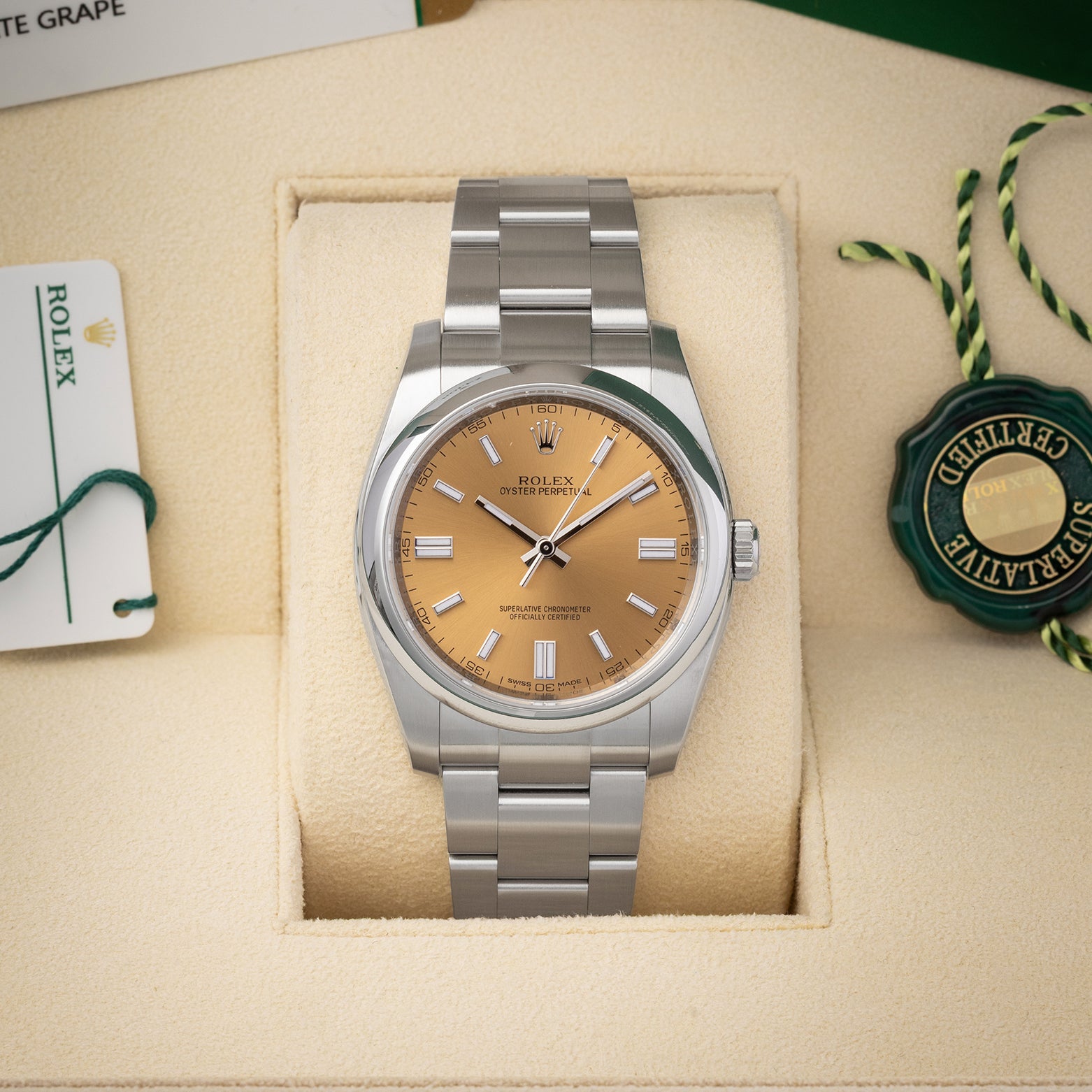 Pre-owned 2019 Rolex Oyster Perpetual 36 ref 116000 with rare white grape sunray dial, box, and papers at Noah's Fine Watches & Jewelry in Dallas, Texas