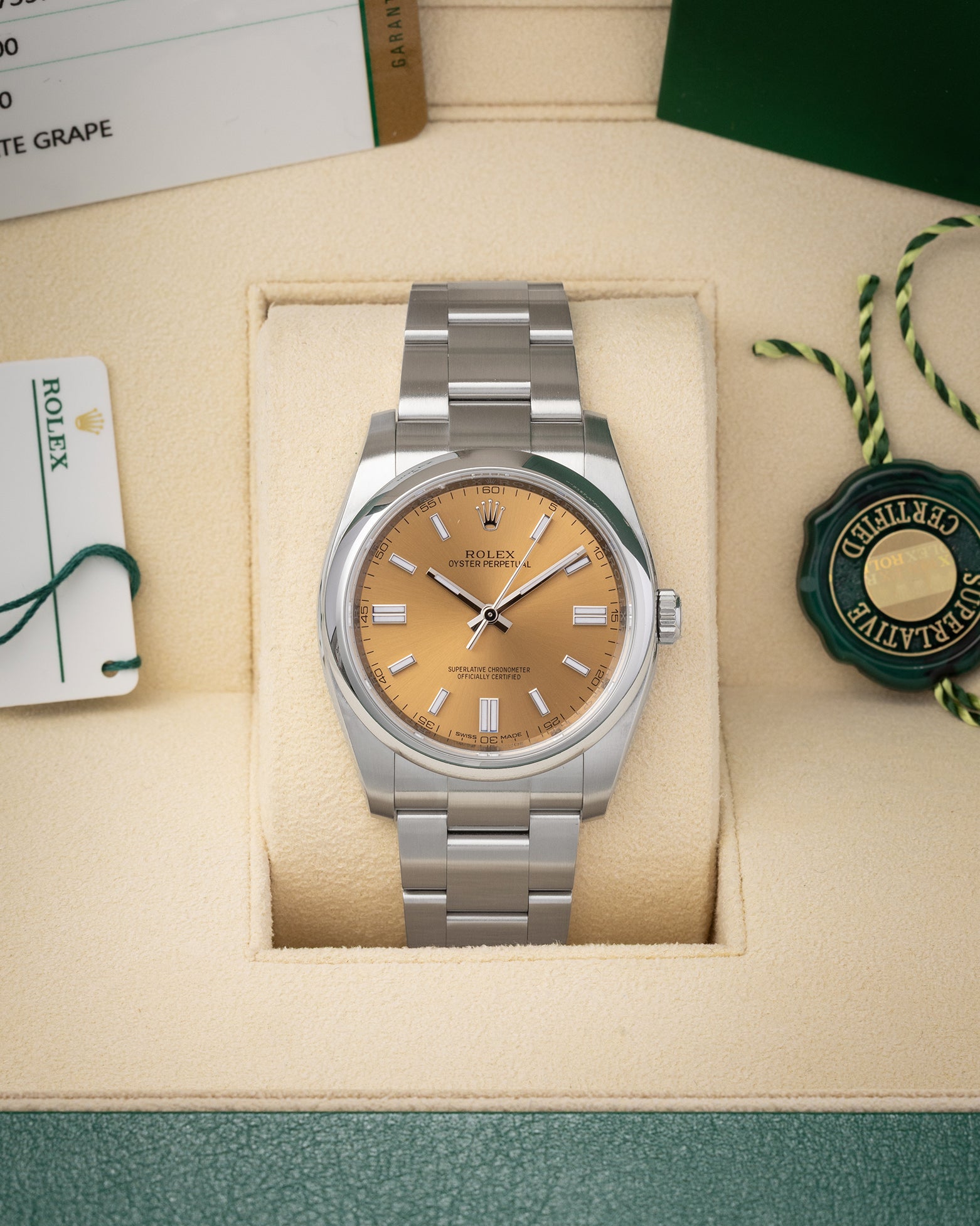 Pre-owned 2019 Rolex Oyster Perpetual 36 ref 116000 with rare white grape sunray dial, box, and papers at Noah's Fine Watches & Jewelry in Dallas, Texas