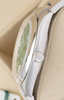 Side profile view showing the Twinlock winding crown and stainless steel case of a 41mm Rolex Oyster Perpetual 124300
