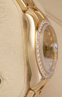Left-side macro profile view showcasing the heavy, mirror-polished 18k yellow gold case band architecture and the seamless curve of the integrated solid endlinks