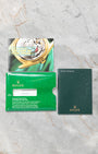 Official 2001 Rolex punched warranty paper certificate and green leather document wallet for Pearlmaster 80298