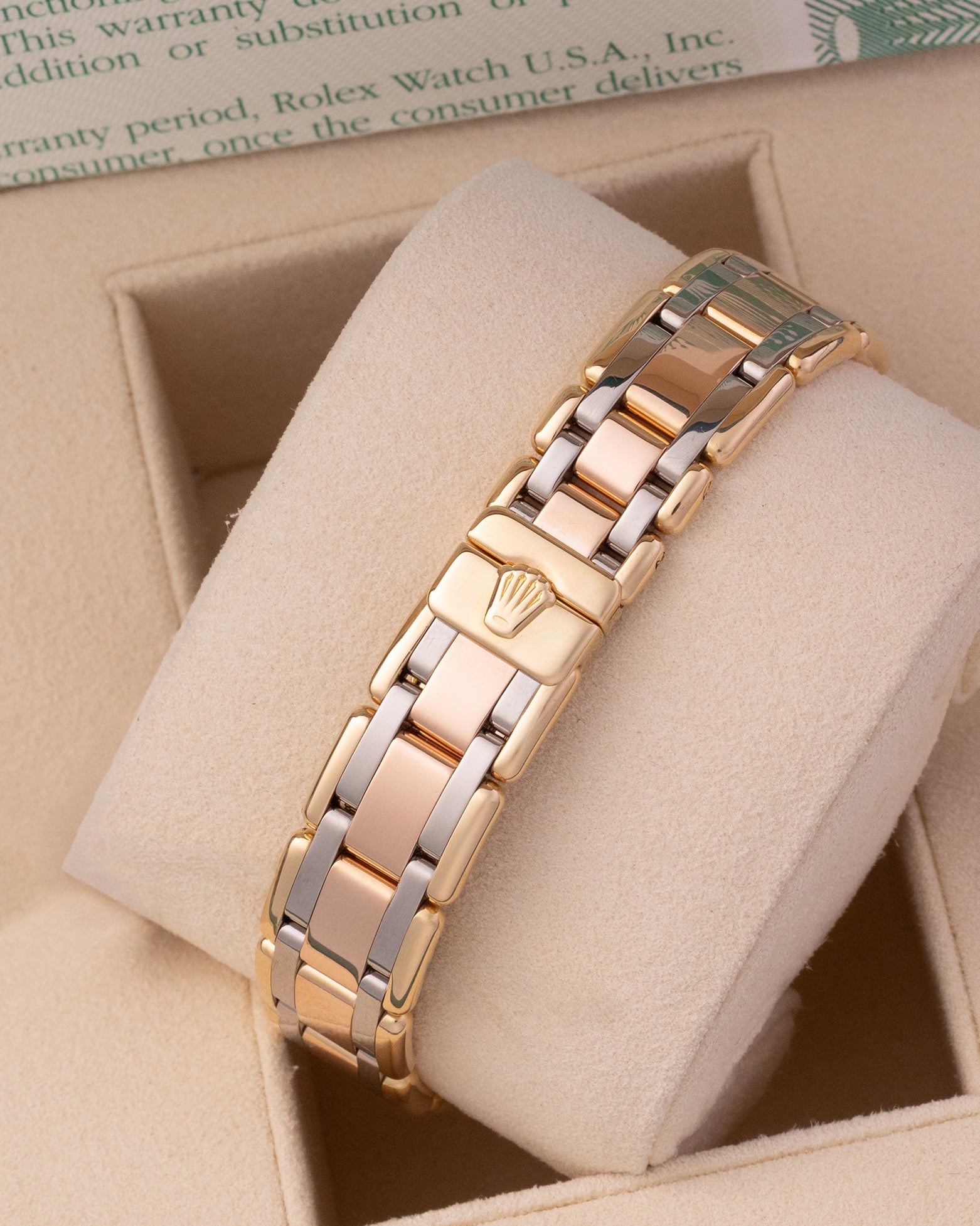 18k tri-tone white, yellow, and rose gold Pearlmaster bracelet with concealed Crownclasp for Rolex reference 80298