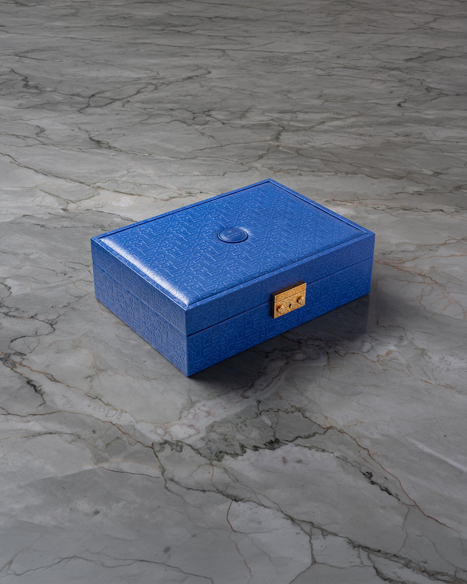 Authentic vintage blue leather Rolex presentation display box for Pearlmaster timepiece