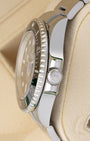 Side profile view of the 2019 Rolex Sea-Dweller 126600 stainless steel case, crown guards, and knurled winding crown.