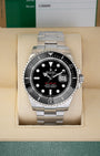 2019 Rolex Sea-Dweller 43mm reference 126600 stainless steel watch with black Cerachrom bezel and single red text dial in box.