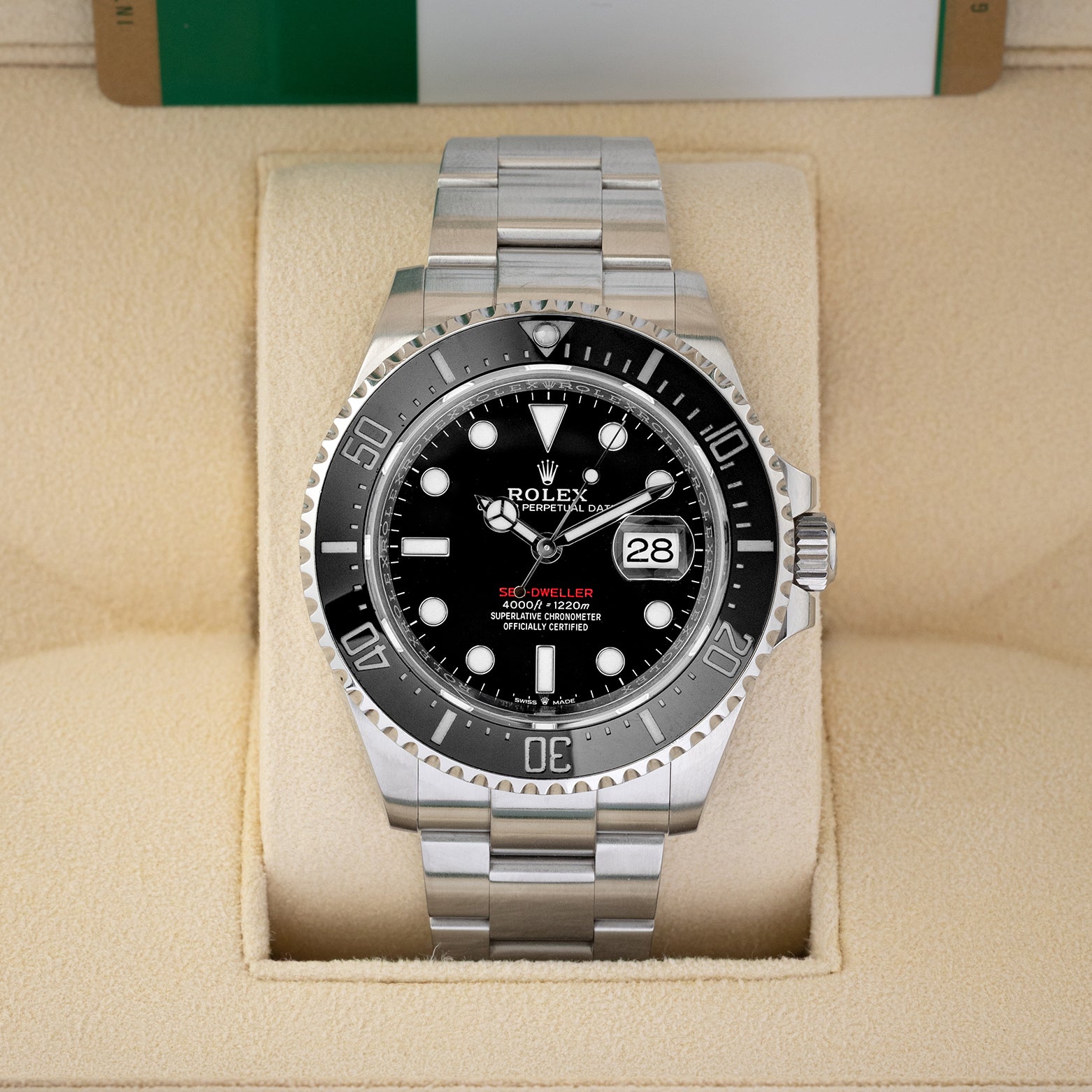 2019 Rolex Sea-Dweller 43mm reference 126600 stainless steel watch with black Cerachrom bezel and single red text dial in box.