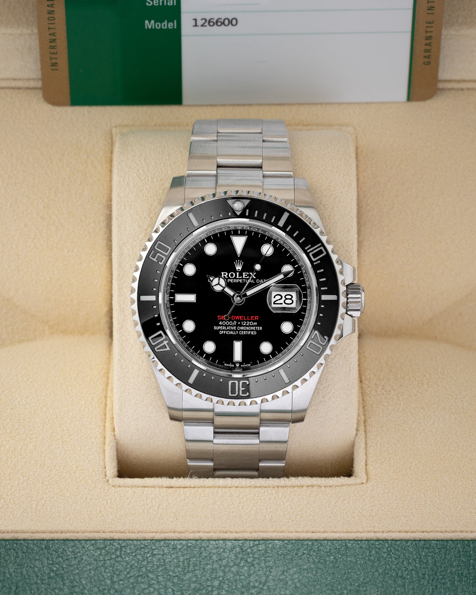 2019 Rolex Sea-Dweller 43mm reference 126600 stainless steel watch with black Cerachrom bezel and single red text dial in box.