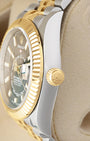 Side profile focusing on the polished Oystersteel case tier, Twinlock winding crown, and Chronergy-driven Calibre 9002 updates of the Rolex Sky-Dweller