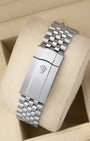 Rear view of the stainless steel Jubilee bracelet showing the folding Oysterclasp with the embossed Rolex crown coronet logo