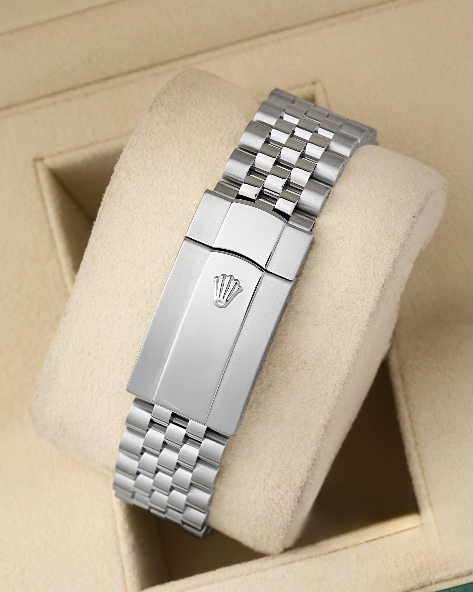 Rear view of the stainless steel Jubilee bracelet showing the folding Oysterclasp with the embossed Rolex crown coronet logo