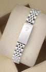 Rear view of the stainless steel Rolex Jubilee bracelet highlighting the classic folding clasp with the embossed Rolex crown logo