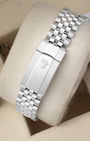 Rear view of the five-link stainless steel Rolex Jubilee watch bracelet highlighting the folding Oysterclasp with the embossed crown logo