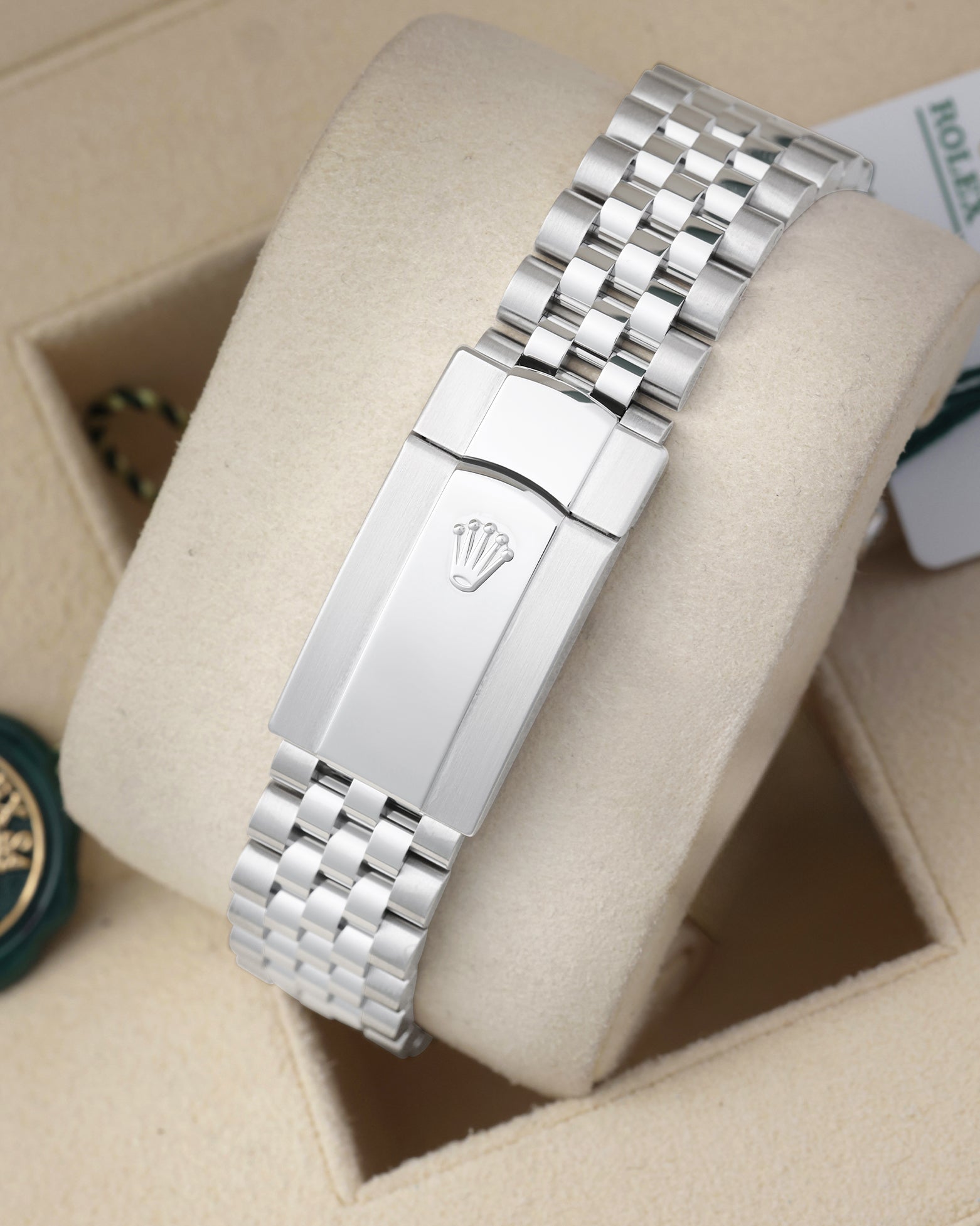 Rear view of the five-link stainless steel Rolex Jubilee watch bracelet highlighting the folding Oysterclasp with the embossed crown logo