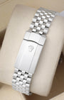 Rear view of the five-link stainless steel Rolex Jubilee watch bracelet highlighting the folding Oysterclasp with the embossed crown