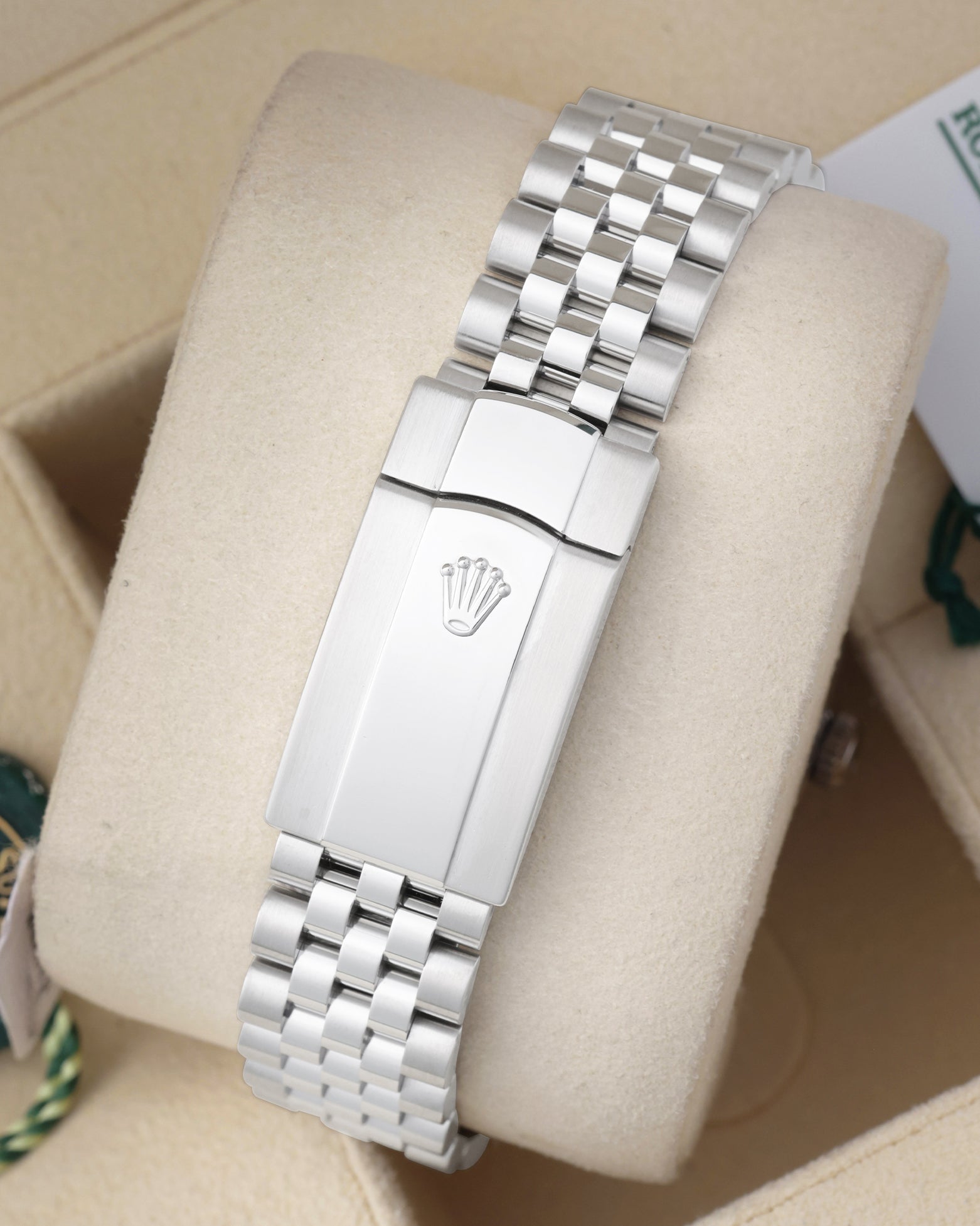 Rear view of the five-link stainless steel Rolex Jubilee watch bracelet highlighting the folding Oysterclasp with the embossed crown