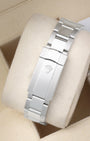 Rear view of the brushed three-link stainless steel Rolex Oyster watch bracelet highlighting the polished folding Oysterclasp folding closure
